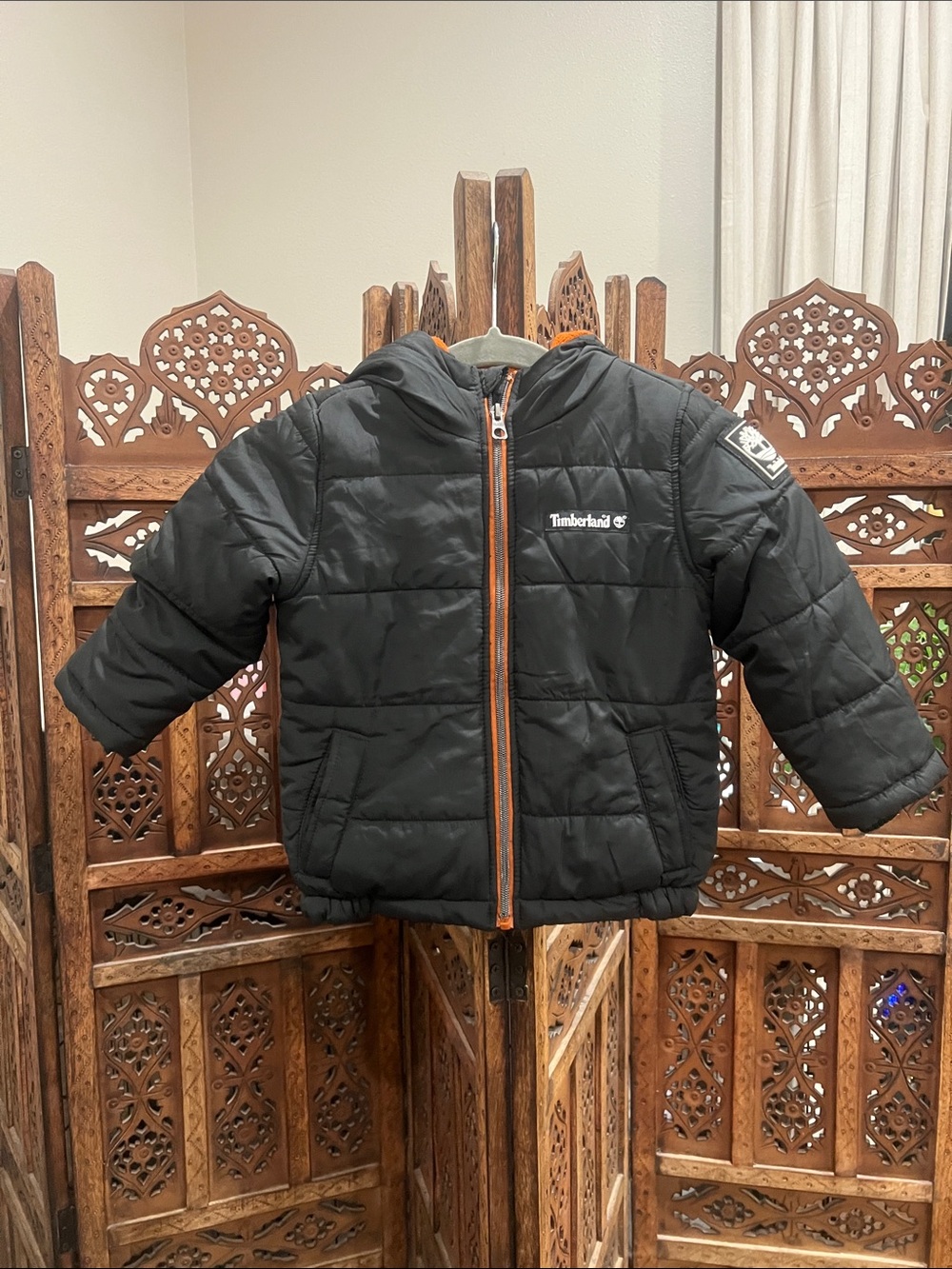 Timberland Black Puffer Jacket with Orange Lining and Hood